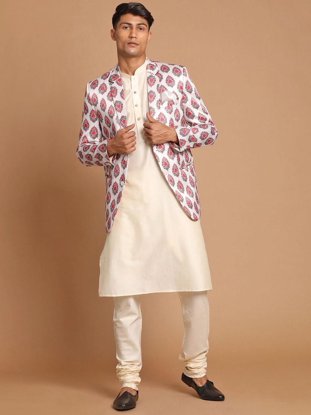 vastramay-men-cream-coloured-kurta-with-pyjamas-&-with-printed-blazer