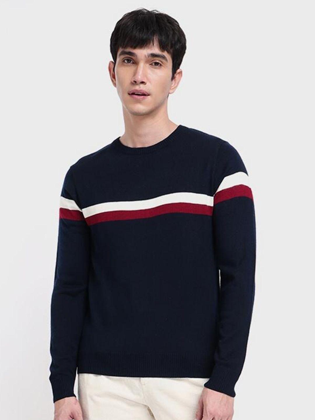 bewakoof-men-navy-blue-&-white-striped-acrylic-pullover-sweater