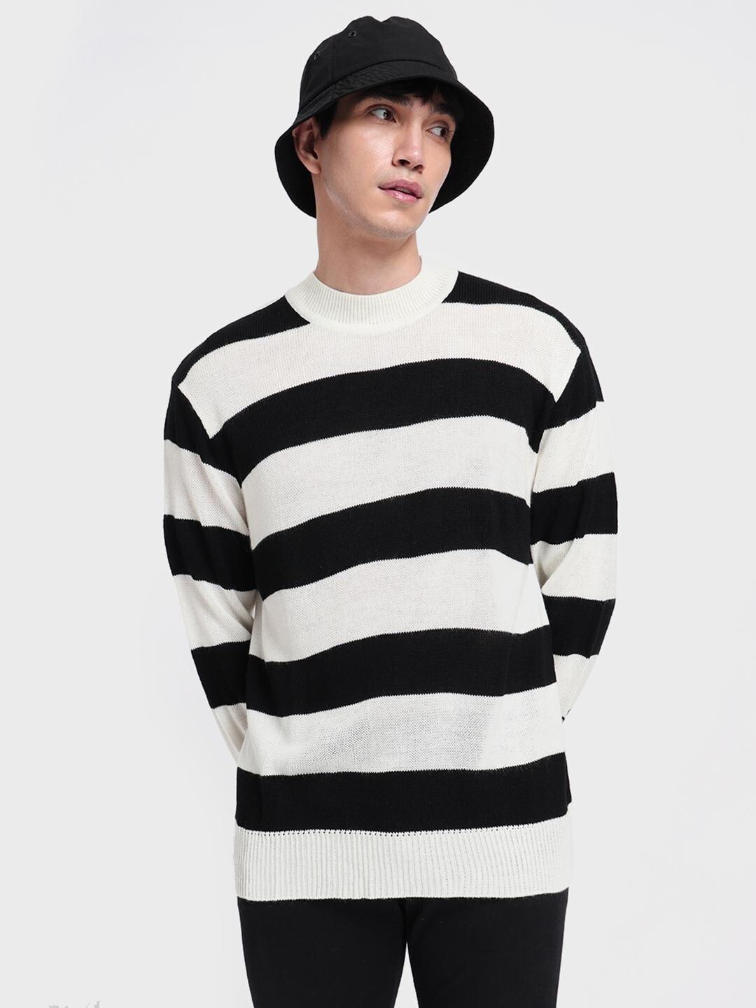 Bewakoof Men Black & White Striped Oversized Sweater