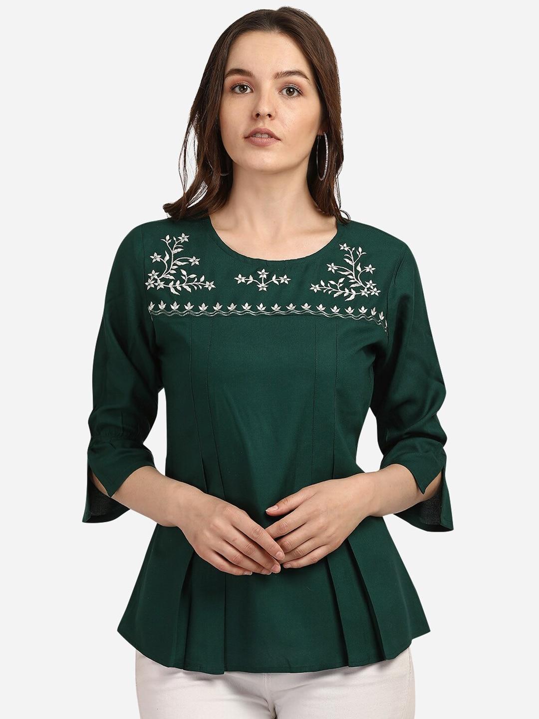 Prettify  Women Green 3/4 Sleeves Embroidered Peplum Top