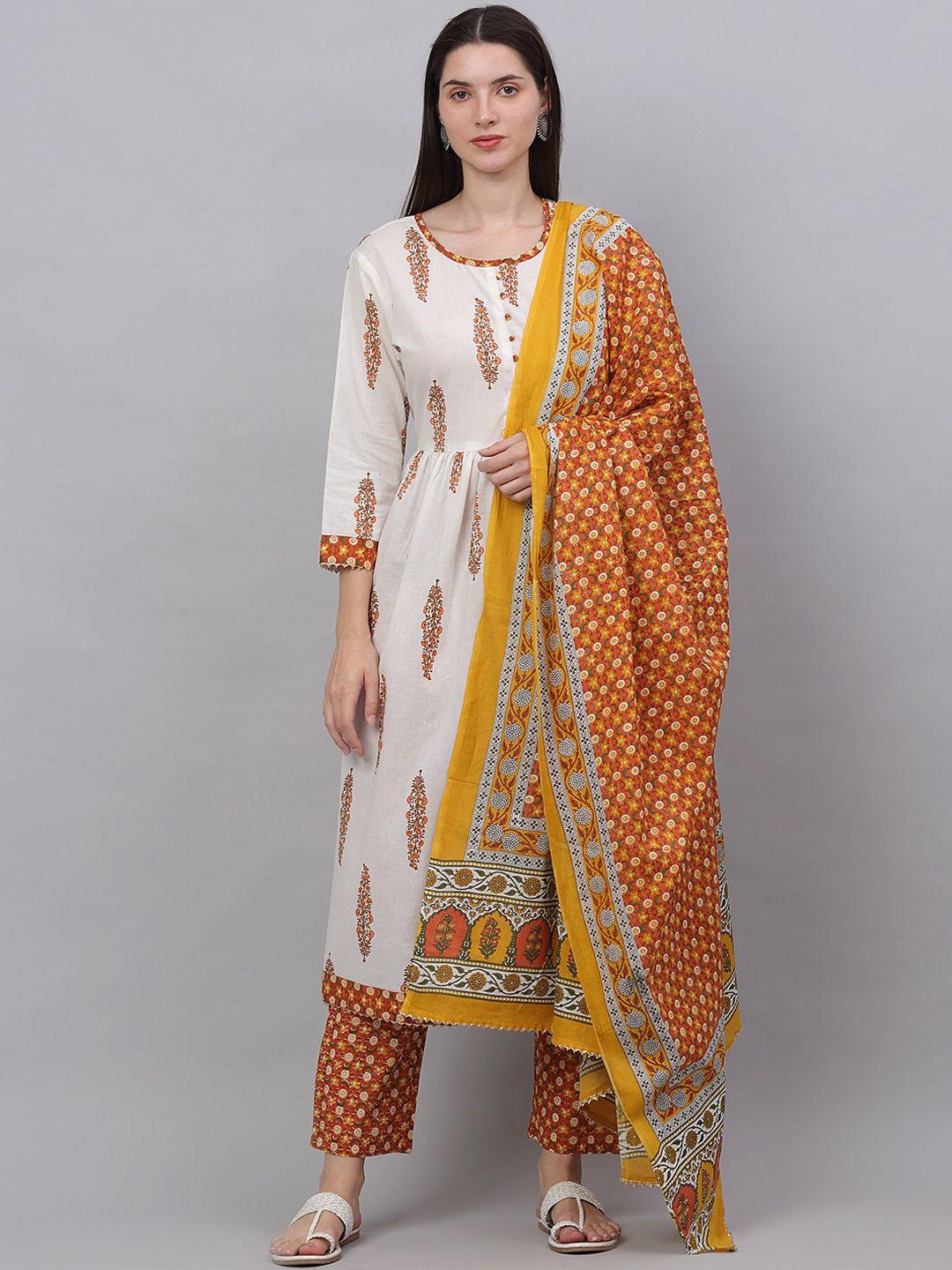 KALINI Women White Floral Printed Empire Pure Cotton Kurti with Trousers & With Dupatta