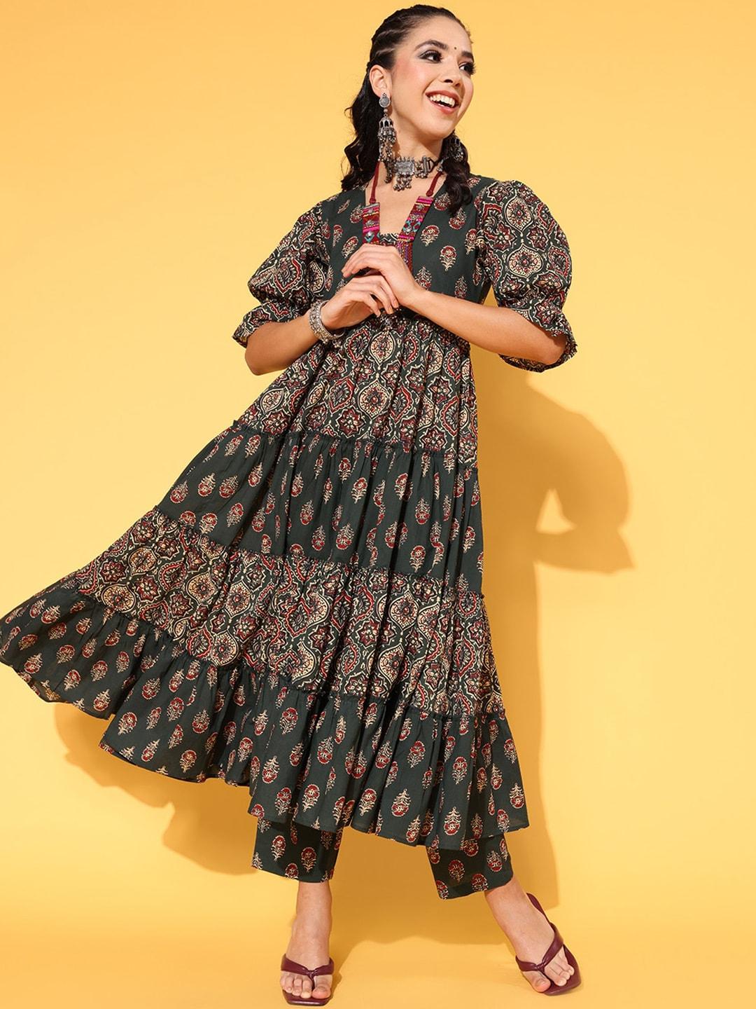 anayna-women-floral-printed-tiered-pure-cotton-kurta-with-trousers