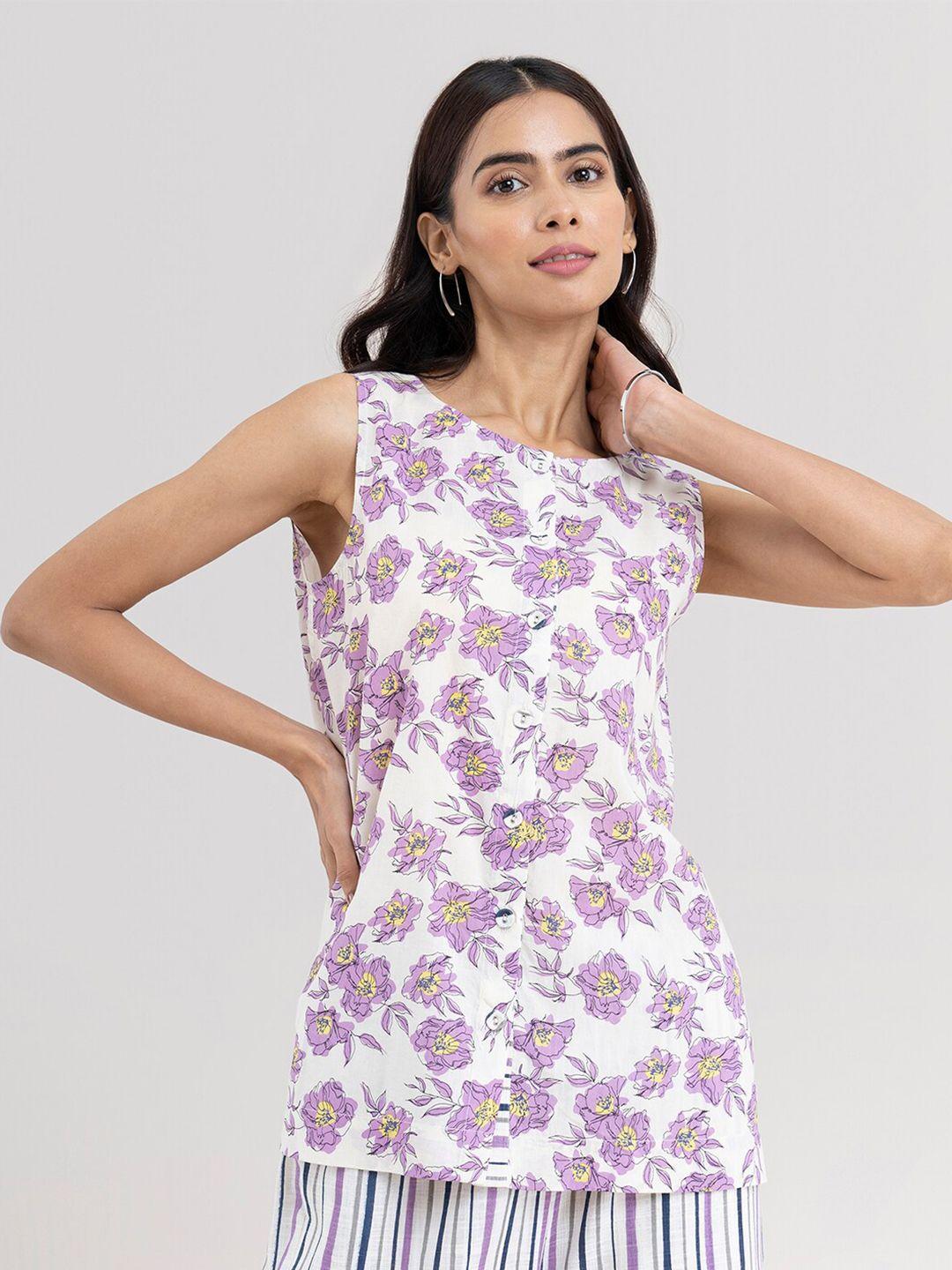 Marigold by FableStreet Women Cream-Coloured & Lavender Floral Print Top