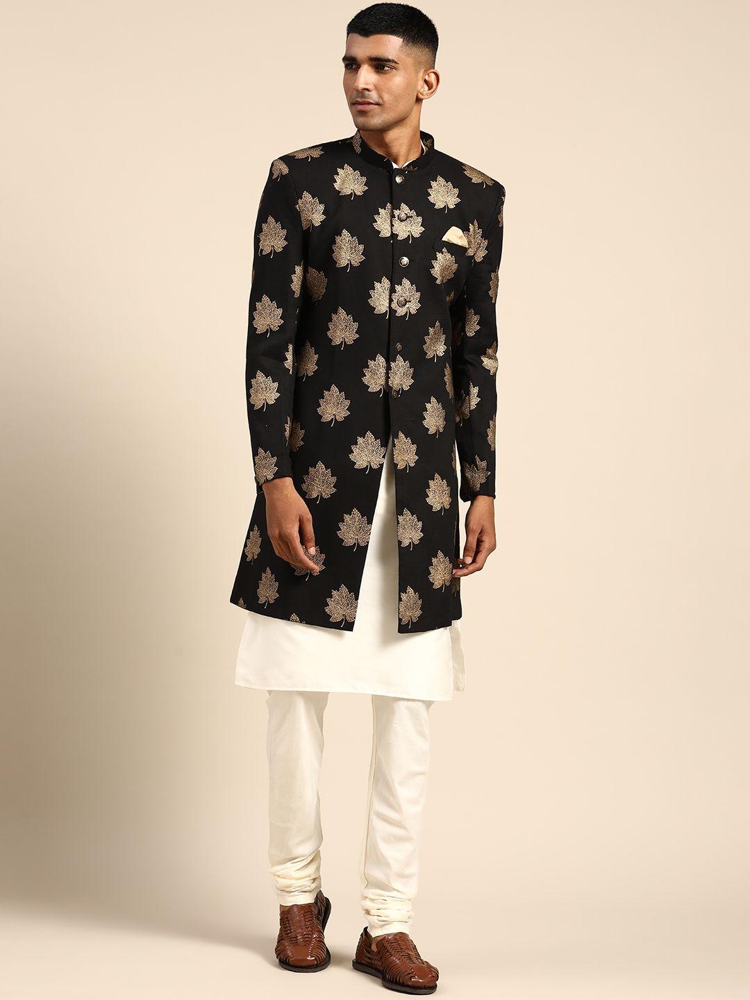 kisah-men-white-&-black-woven-design-sherwani-set