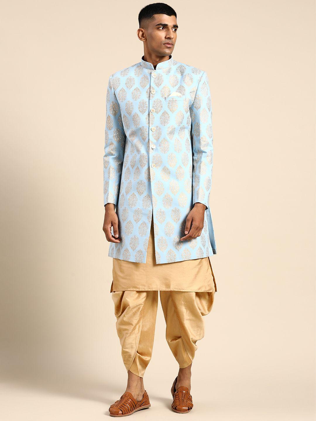 kisah-men-beige-&-blue-woven-design-sherwani-set