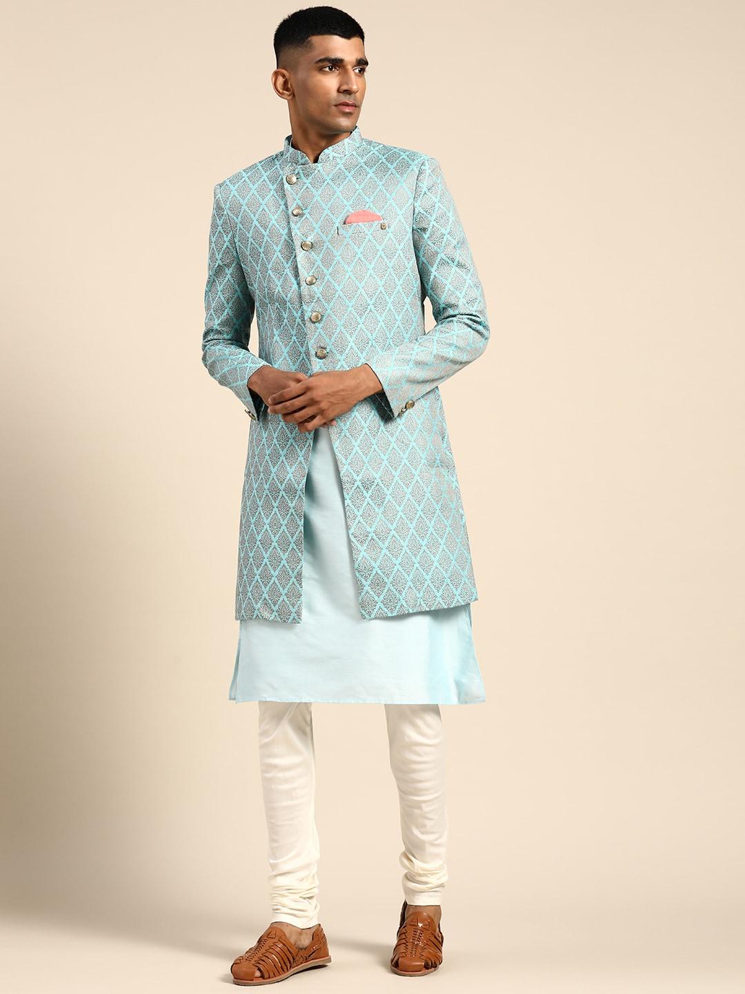 KISAH Men Blue & Off-White Woven Design Sherwani Set