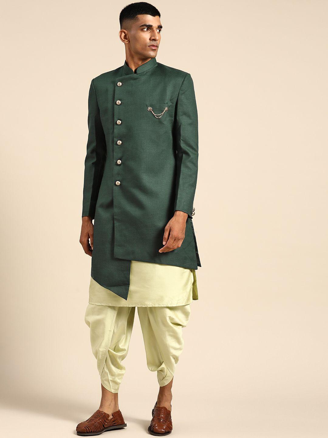 KISAH Men Green Solid Sherwani Set