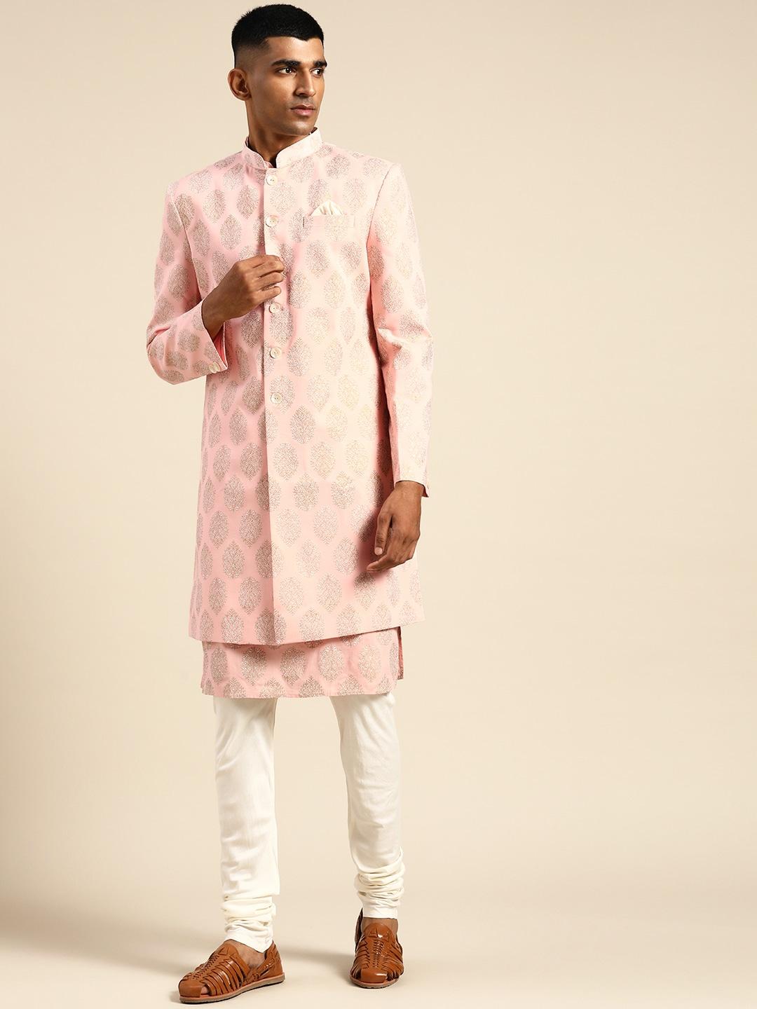 KISAH Men Pink & Off-White Woven Design Sherwani Set