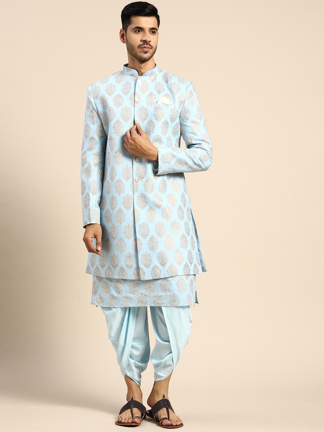 KISAH Men Turquoise Blue & Gold-Coloured Printed Cotton Kurta Sherwani Set