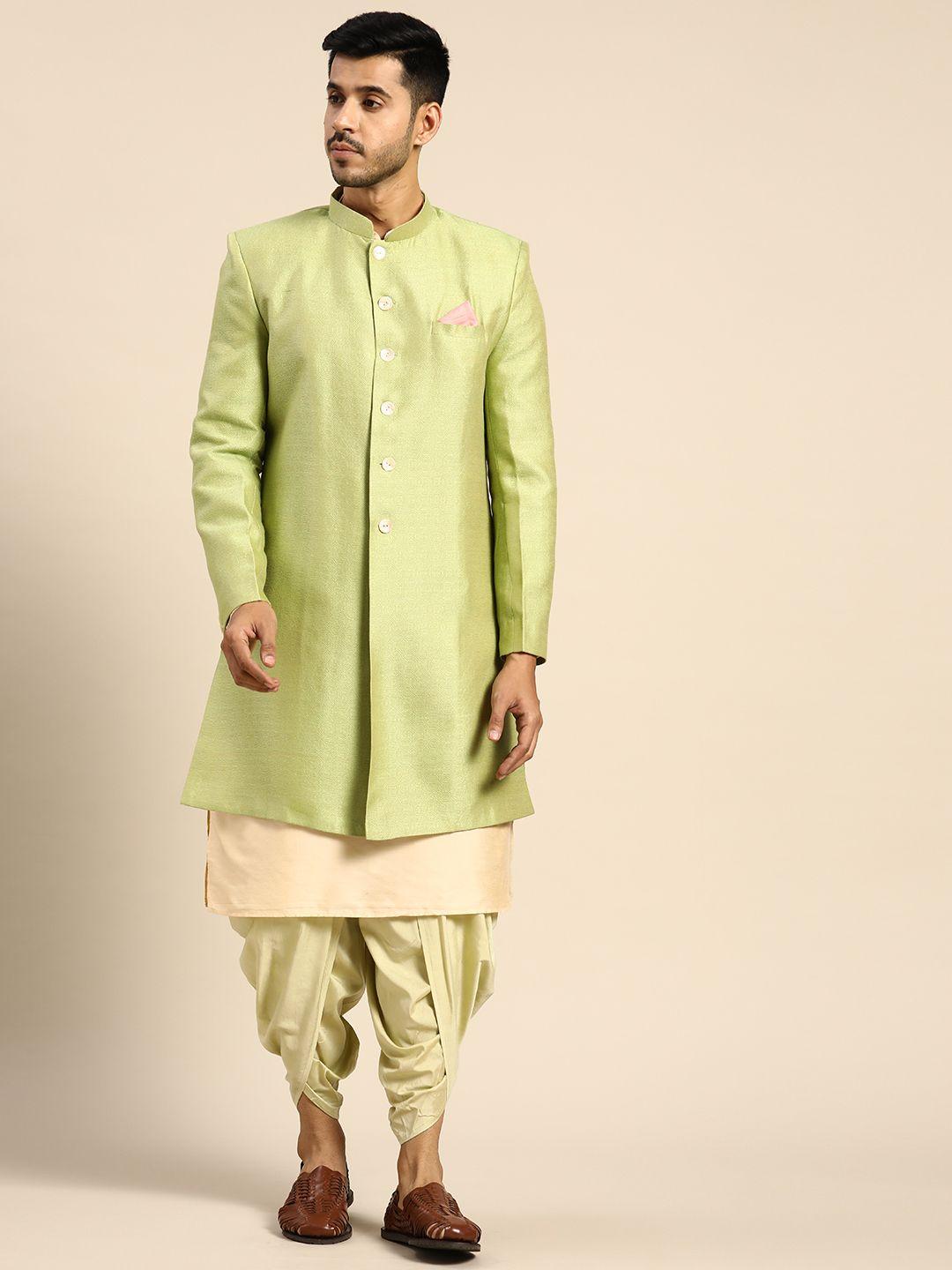 KISAH Men Green Kurta Sherwani Dhoti Pants Set