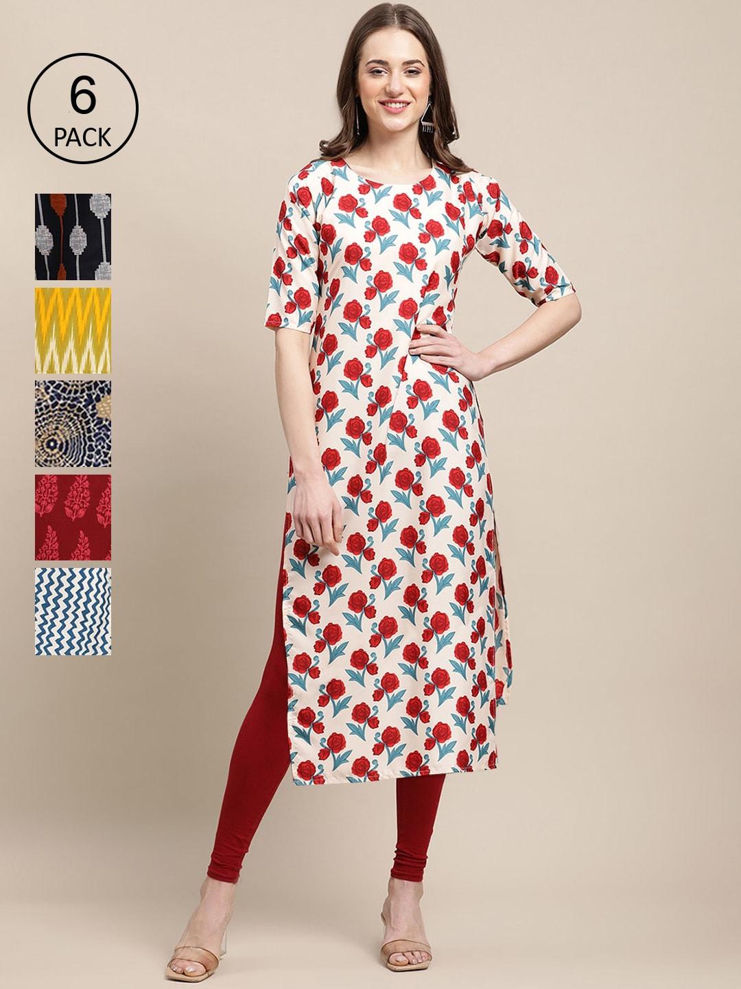 1-stop-fashion-women-multicoloured-geometric-printed-cold-shoulder-sleeves-block-print-crepe-kurta