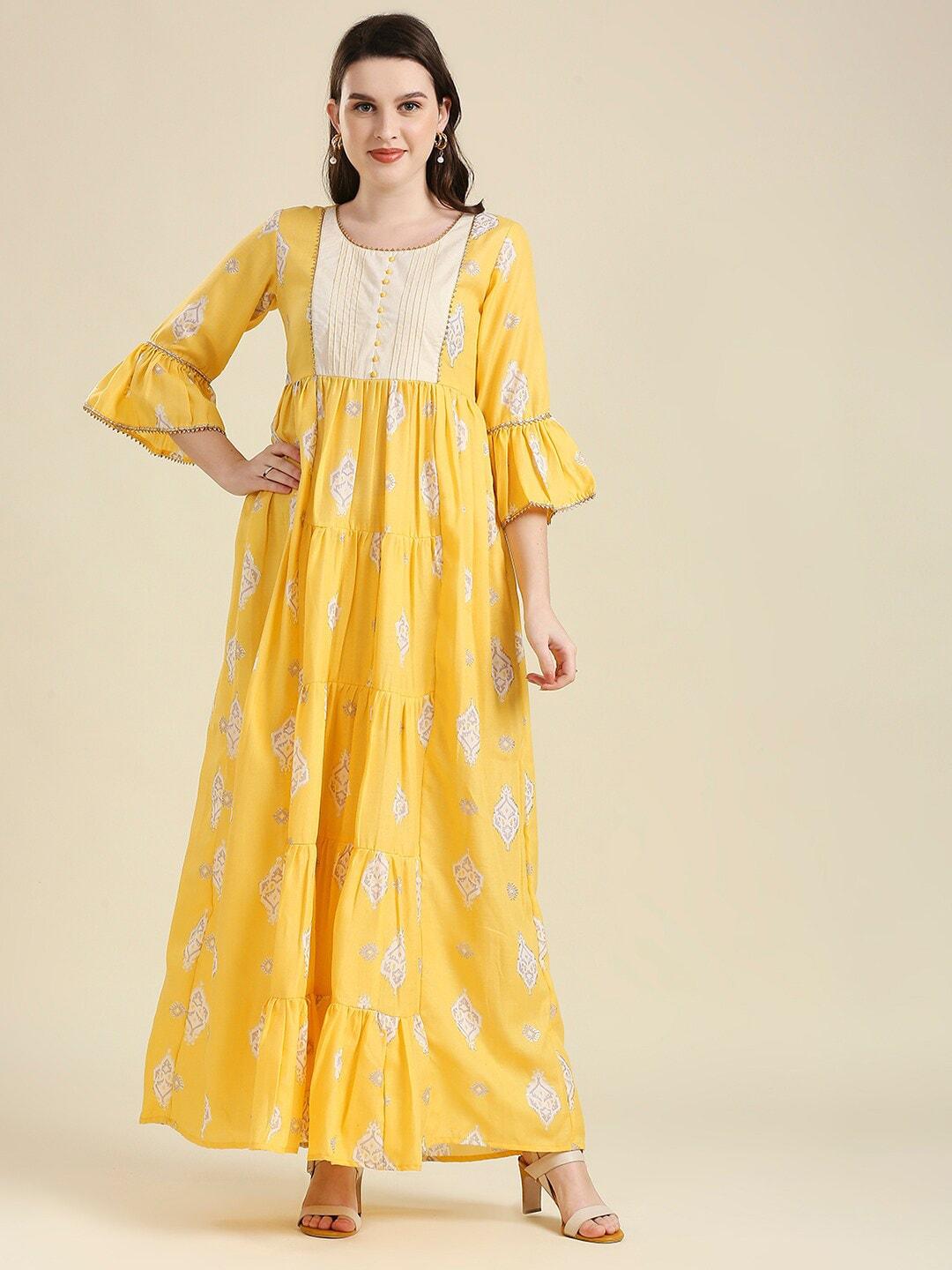 MADHURAM Women Yellow Ethnic Motifs Printed Maxi Dress