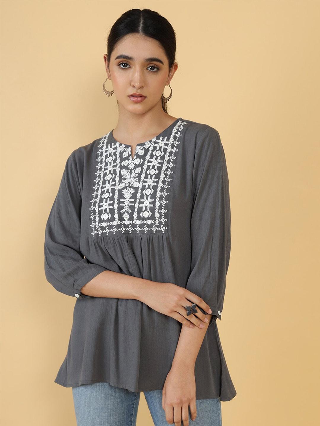 Soch Charcoal & Off White Embroidered Tunic