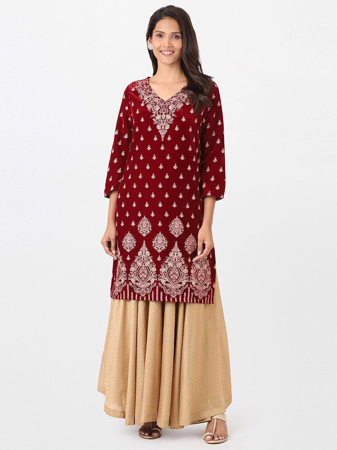 itse-women-maroon-&-white-ethnic-motifs-embroidered-kurta