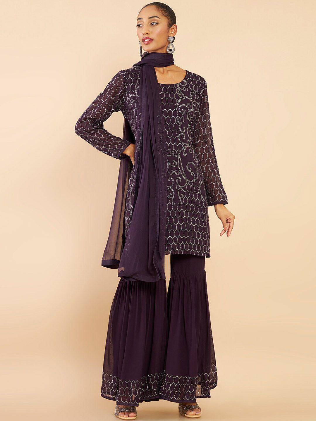 Soch Women Purple Floral Embroidered Beads and Stones Kurta with Sharara & With Dupatta