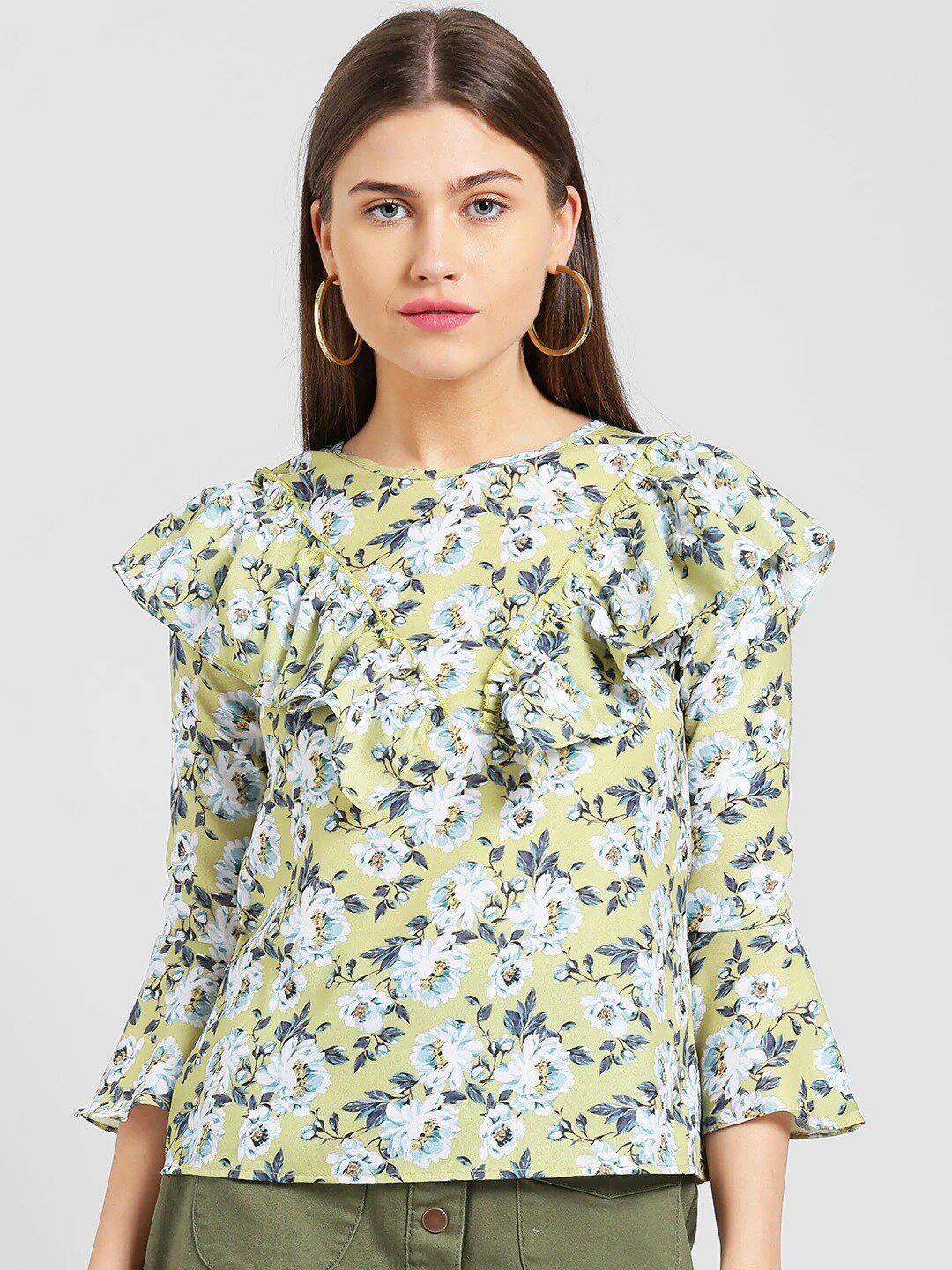 be-indi-women-olive-green-floral-print-ruffles-top