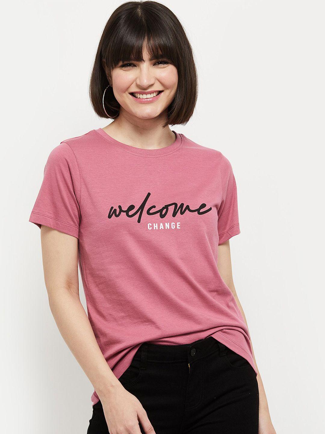max Women Pink Typography Printed Pure Cotton T-shirt