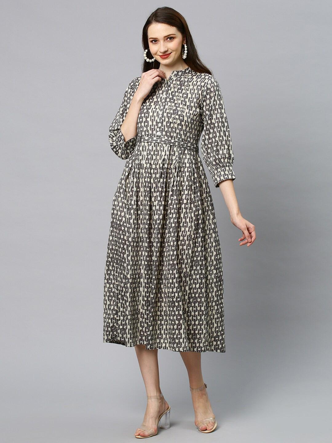 fashor-grey-printed-pure-cotton-a-line-midi-dress