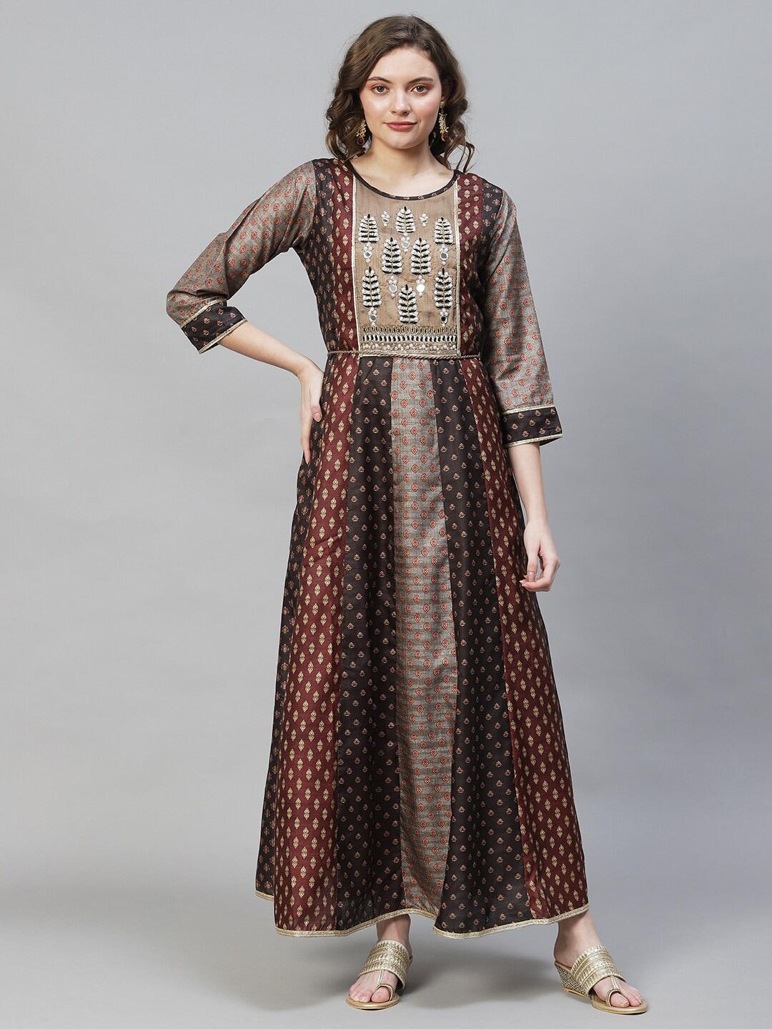 FASHOR Women Brown & Coffee Brown Ethnic Motifs Maxi Dress