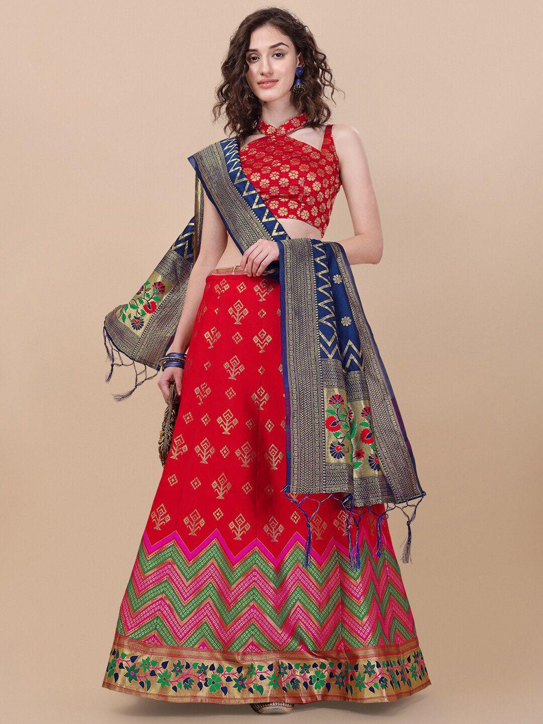Vaidehi Fashion Red & Blue Banarasi Silk Semi-Stitched Lehenga Choli