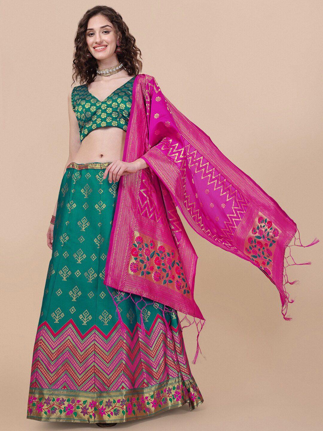 Vaidehi Fashion Green & Pink Banarasi Silk Semi-Stitched Lehenga Choli