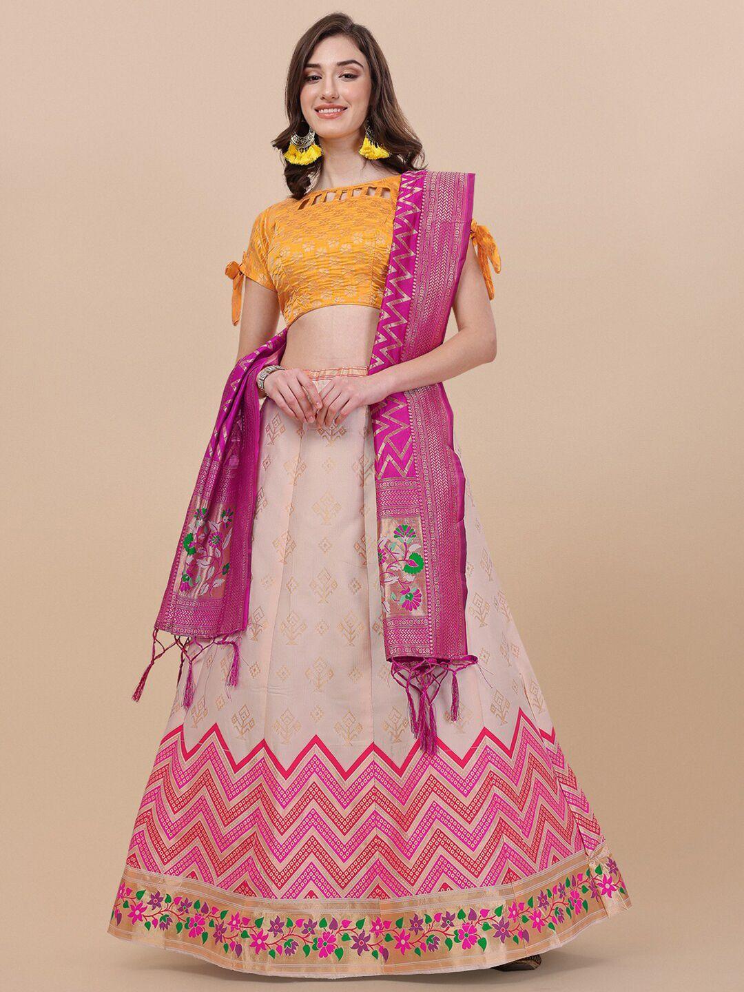 Vaidehi Fashion Cream-Coloured & Pink Banarasi Silk Semi-Stitched Lehenga Choli