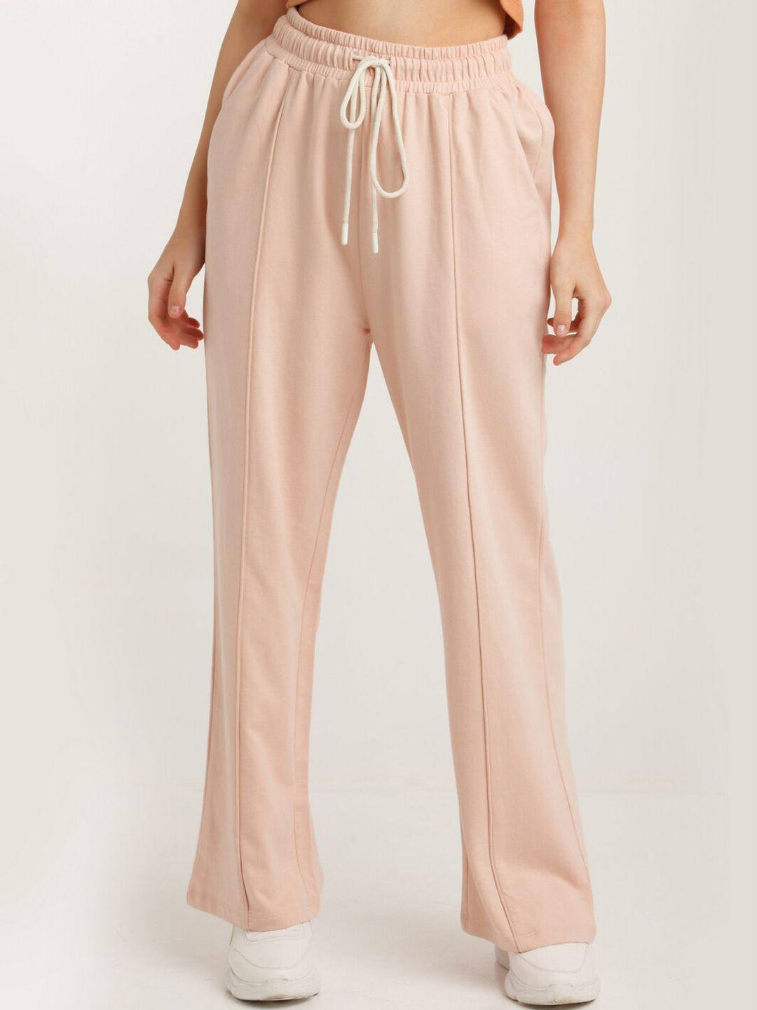 zink-z-women-peach-coloured-flared-high-rise-cotton-trousers