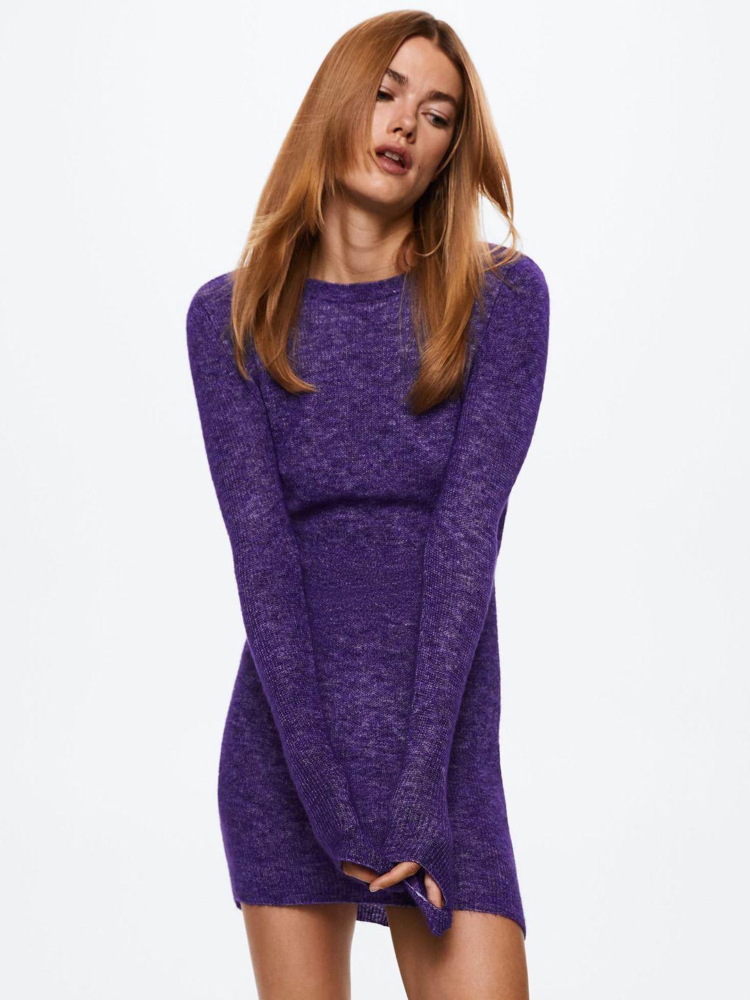 mango-purple-solid-sweater-mini-dress