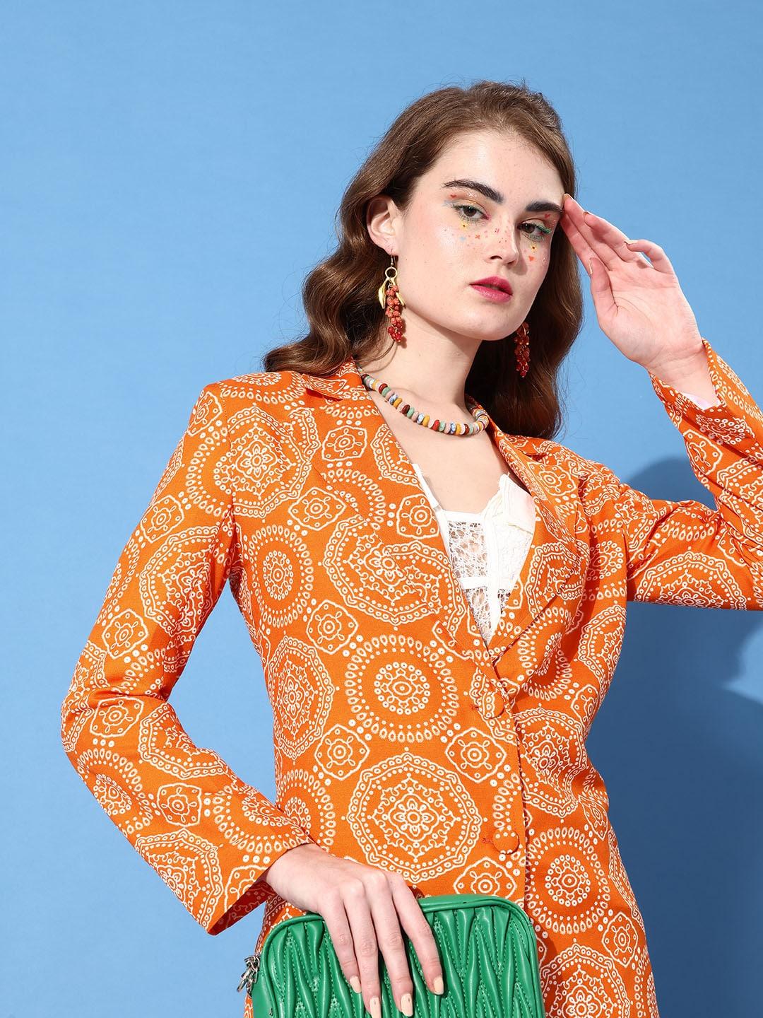 KASSUALLY Women Bright Orange Suit Up Ethnic Motifs Blazer