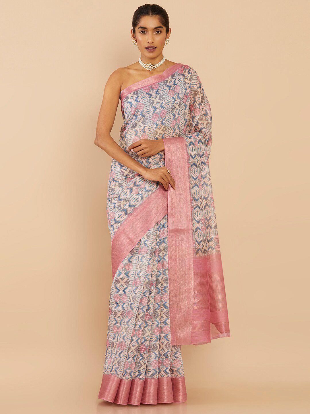 Soch Pink & Blue Geometric  Woven Design Zari Art Silk Saree