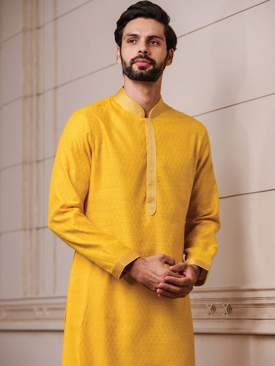 tasva-men-yellow-woven-design-kurta-set-with-churidar
