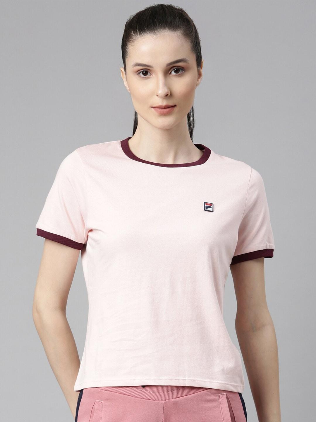 FILA Women Peach-Coloured & Maroon Organic Cotton T-shirt
