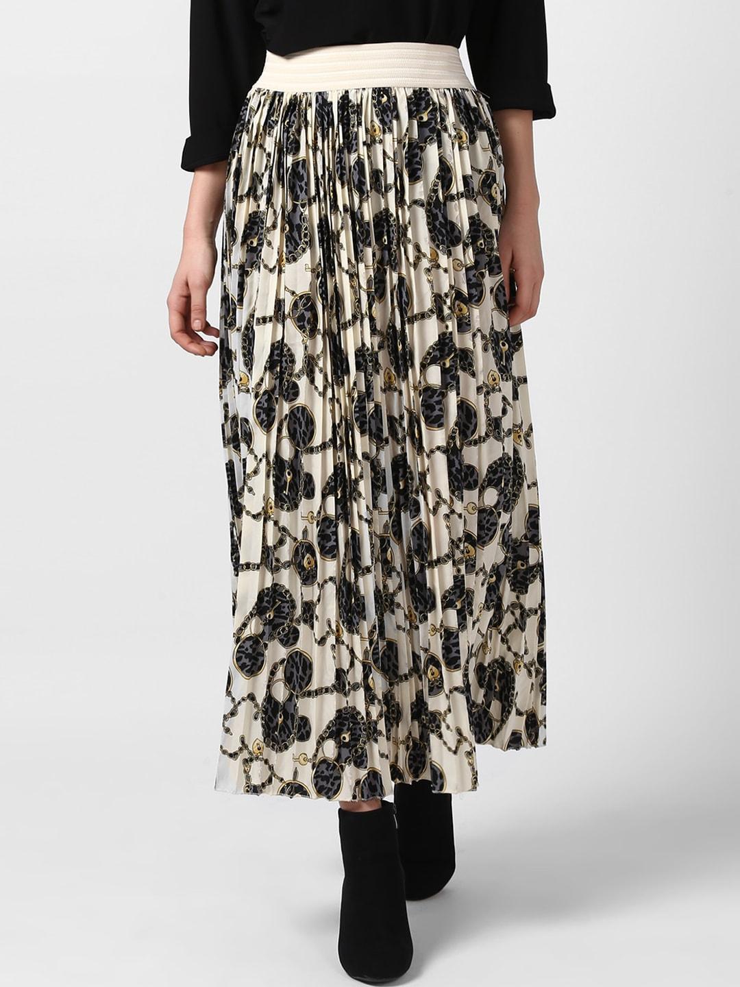 StyleStone Women Beige Chain Printed Flared Pleated Maxi Skirts