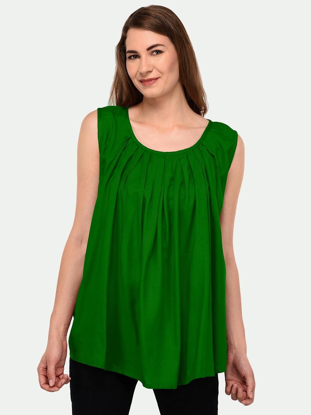 patrorna-women-green-solid-round-neck-sleeveless-cotton-blend-top