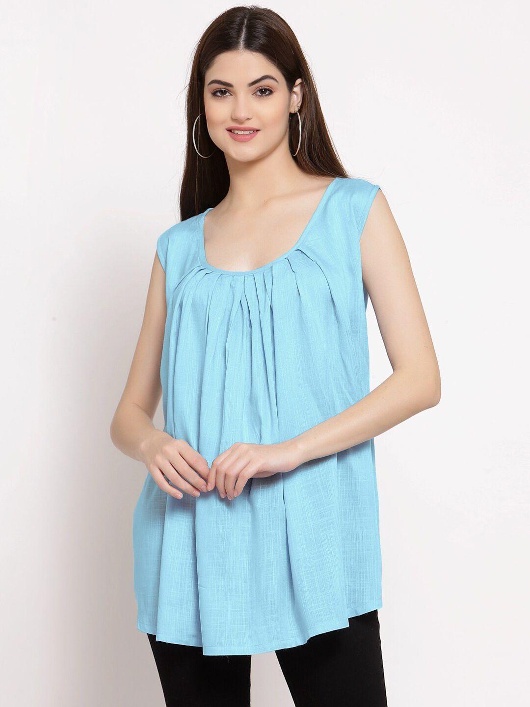 patrorna-women-blue-solid-scoop-neck-sleeveless-empire-cotton-blend-top