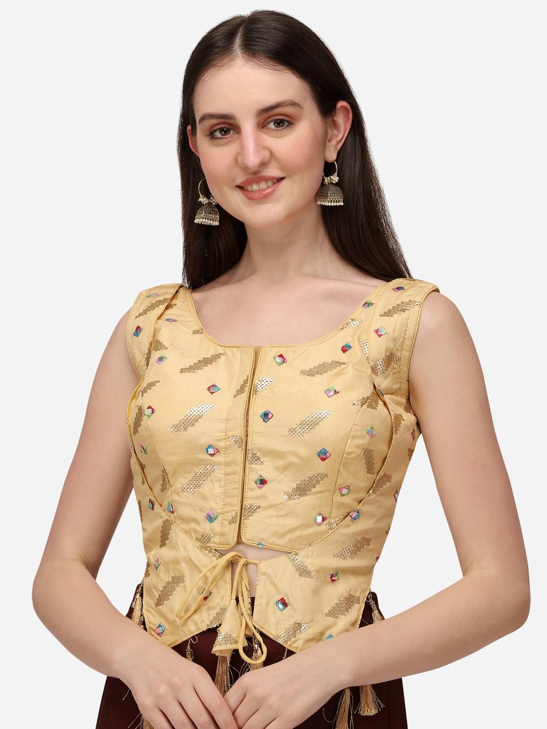 Amrutam Fab Beige Embroidered & Sequined Net Saree Blouse