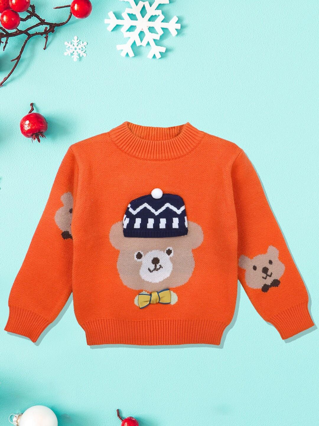 Baby Moo Unisex Kids Orange & Blue Printed Cotton Pullover Sweater