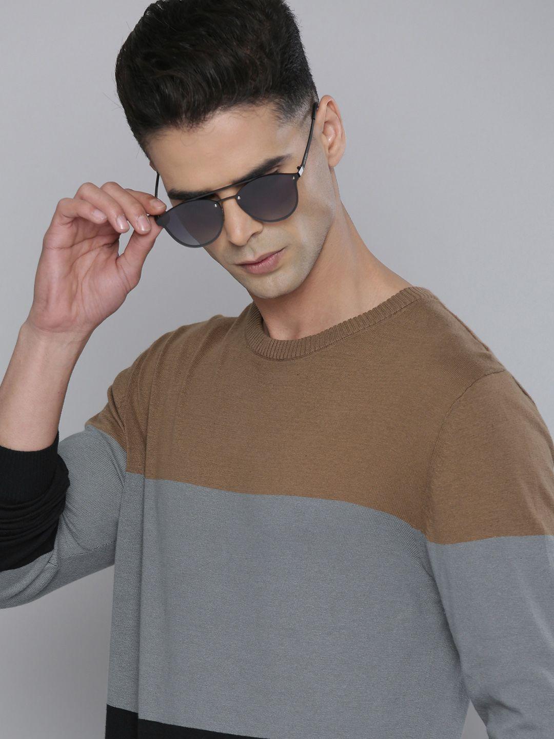 flying-machine-men-brown-&-black-colourblocked-pure-cotton-knitted-pullover
