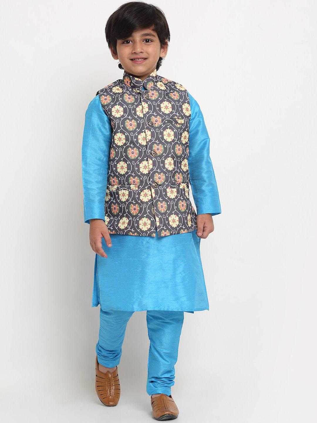 Benstoke Boys Blue & Grey Solid Straight Kurta with Churidar & With Printed Nehru Jacket
