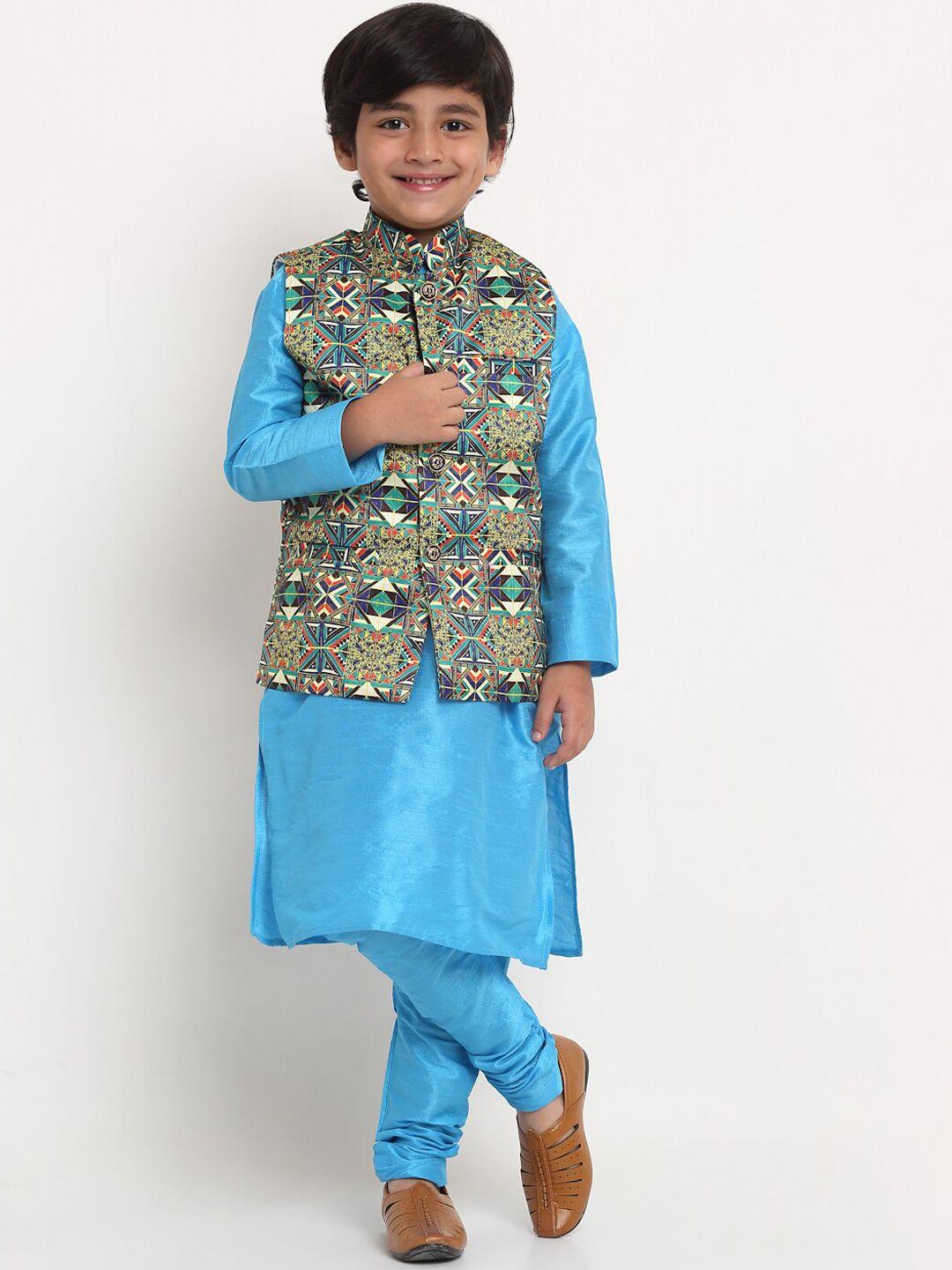 Benstoke Boys Blue Solid Silk Blend Kurta with Churidar & Green Printed Nehru jacket