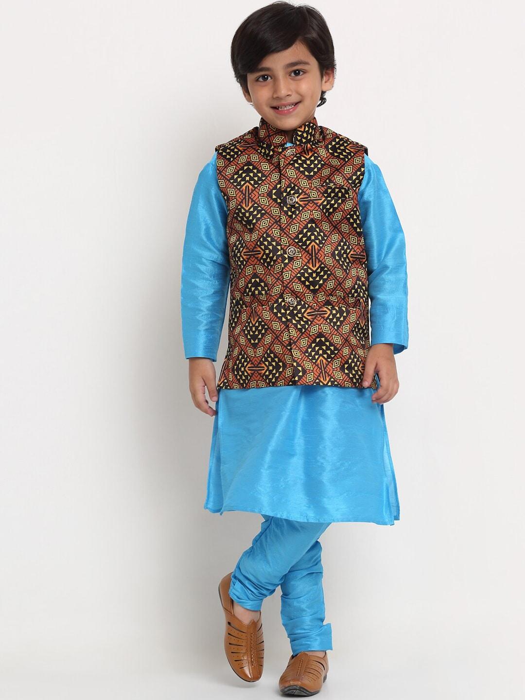 Benstoke Boys Blue Solid Silk Blend Straight Kurta with Churidar  & Nehru jacket