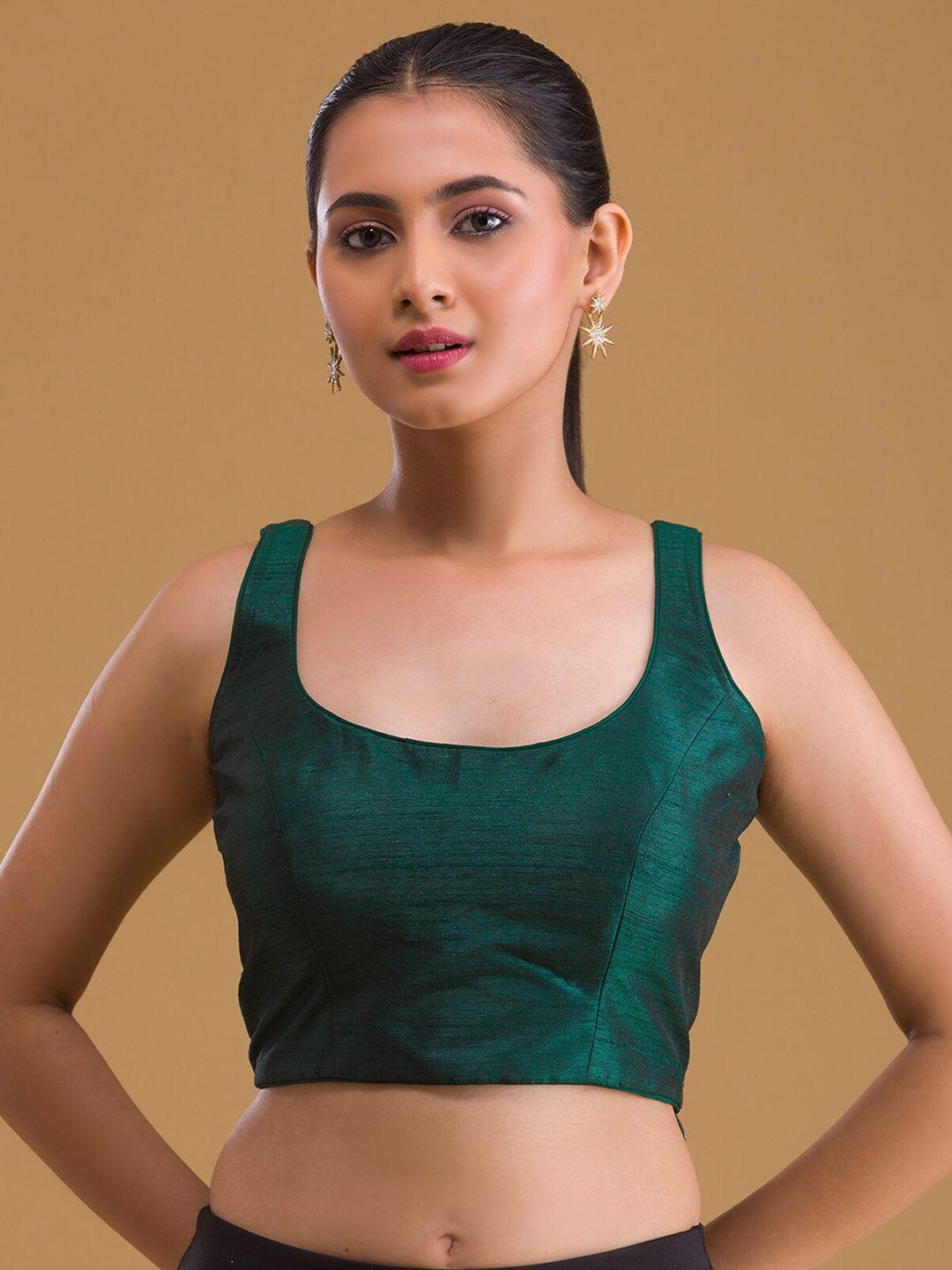koskii-women-bottle-green-solid-raw-silk-designer-saree-blouse