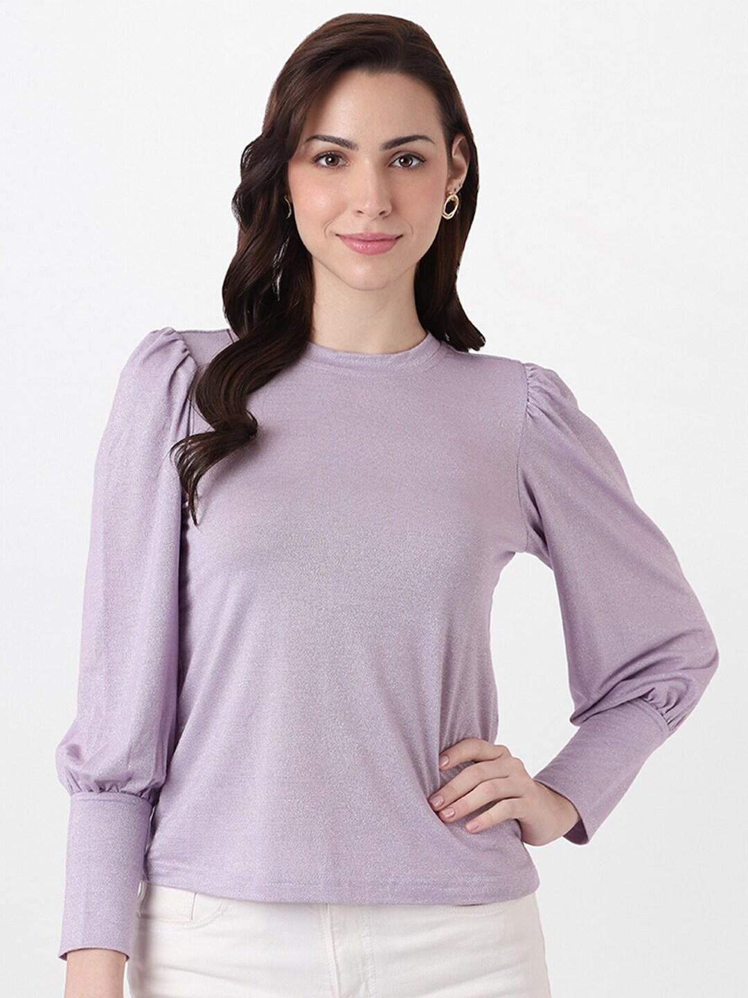 AND Lavender Solid Round Neck Long Sleeves Viscose Rayon Top