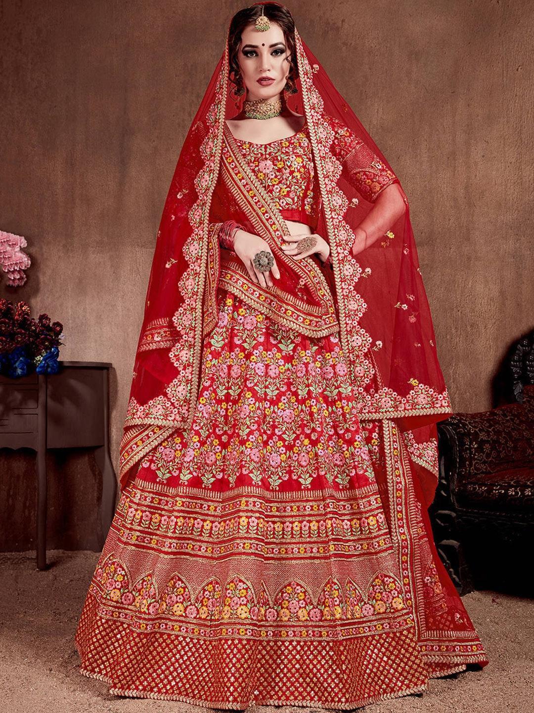 FABPIXEL Red & Pink Embroidered Beads and Stones Semi-Stitched Lehenga & Unstitched Blouse With Dupatta