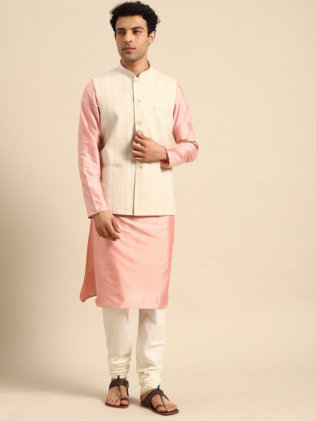 kisah-men-peach-coloured-&-off-white-printed-pure-cotton-kurta-with-churidar-&-jacket