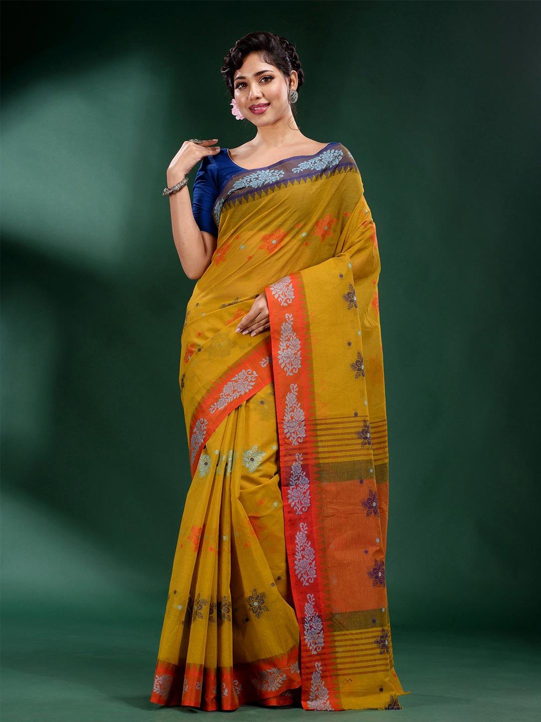 Charukriti Yellow & Orange Woven Design Pure Cotton Saree