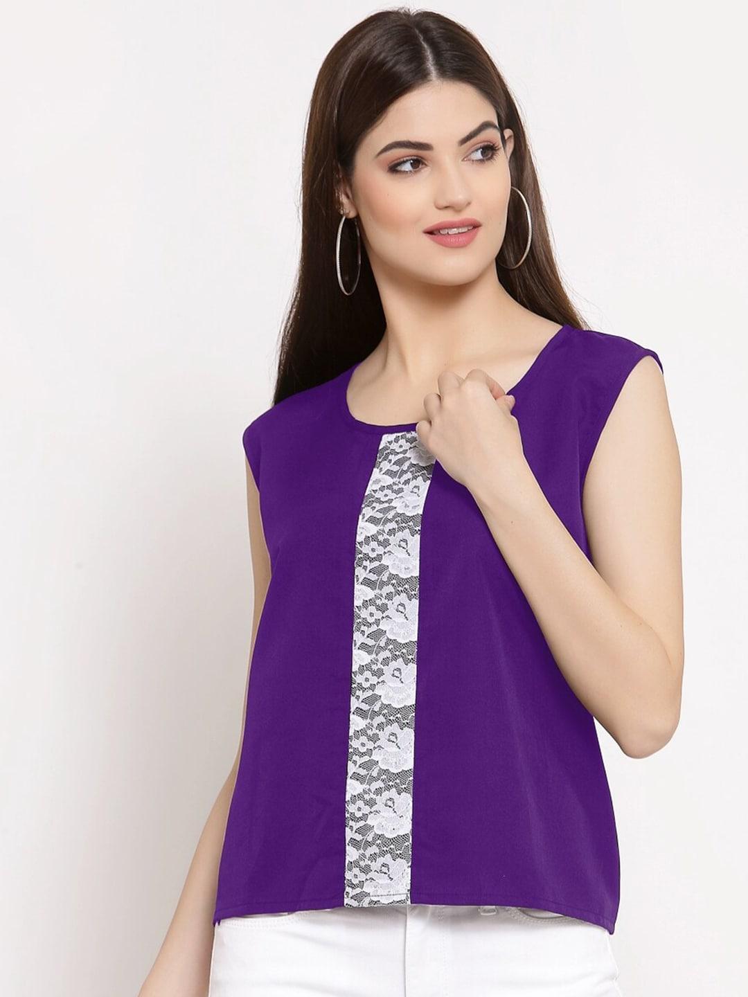 PATRORNA Women Purple & White Solid Lace Detailed Regular Top