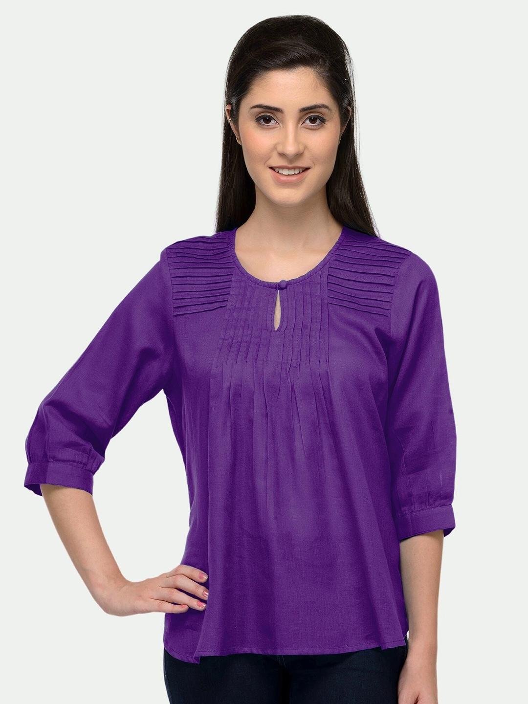 patrorna-women-purple-solid-pleated-keyhole-neck-top