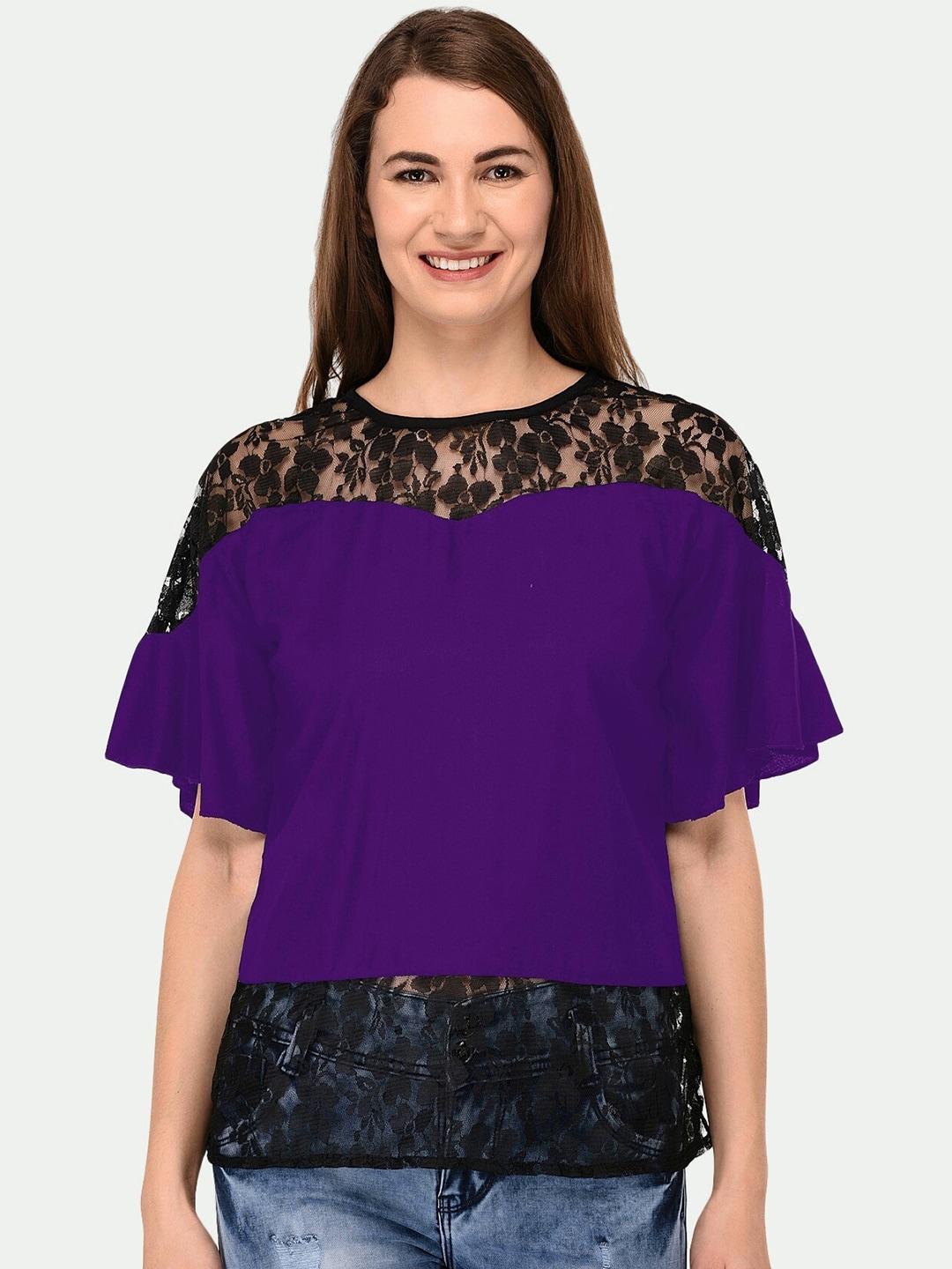 patrorna-women-purple-&-black-round-neck-flared-sleeves-top