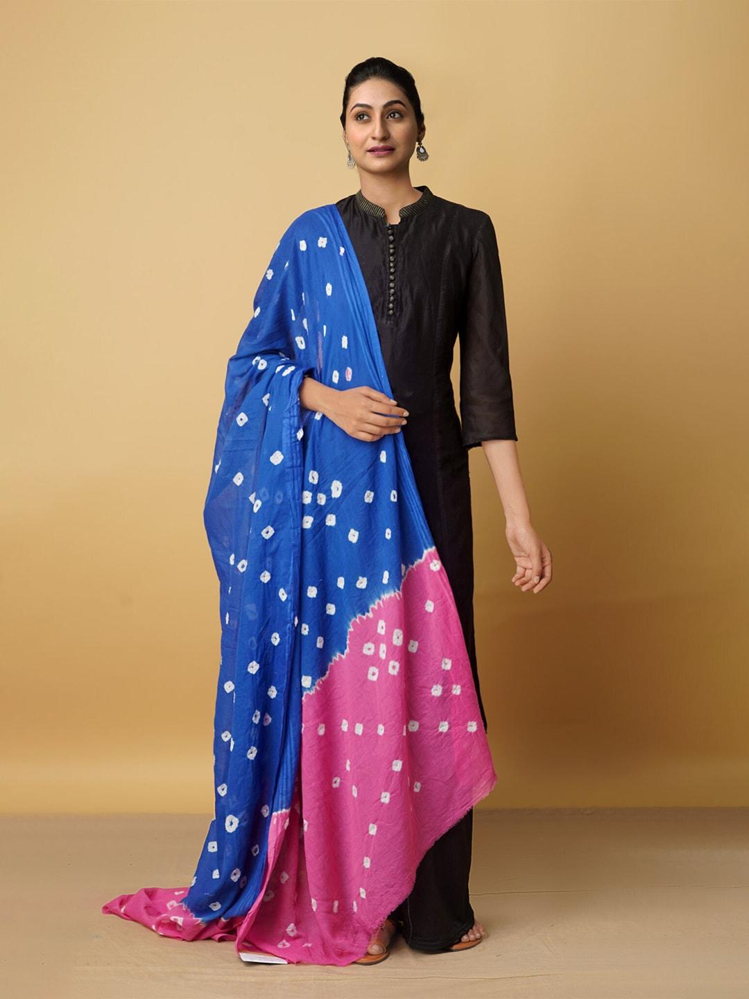 Unnati Silks Blue & Pink Printed Pure Cotton Bandhani Dupatta